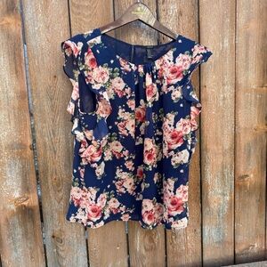Forever 21 Navy Pink Floral Ruffle Sleeveless Blouse Size Medium